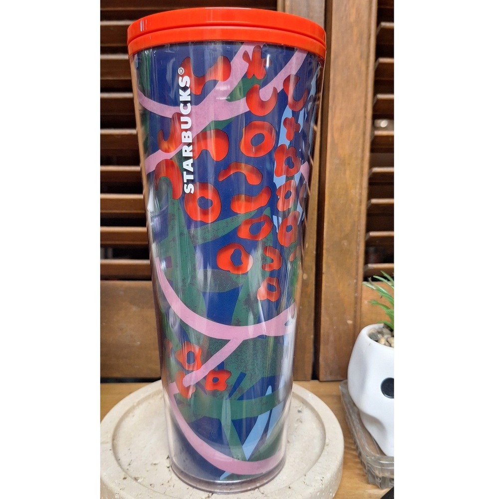 Starbucks 24oz Venti Cold Cup Tumbler Abstract Floral Blue‎ Orange 011122945